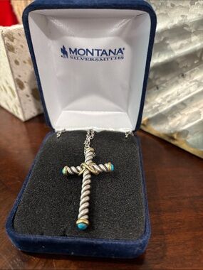Montana Silversmiths Silver-Tone Twisted Cross with Turquoise Accents